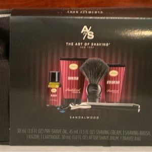 The Art of Shaving SANDALWOOD 5p Travel Kit Shave Oil Cream Balm Razor Brush Bag